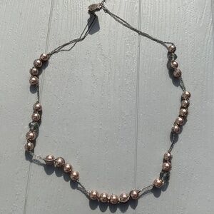 Loft Necklace Champagne color beads entwined silvertone black chain 34”